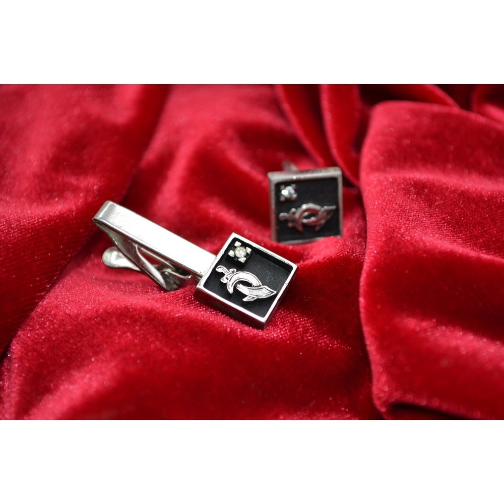 Vintage Shriners Tie Clip and Cufflinks Set Silver Tone Black Enamel Scimitar